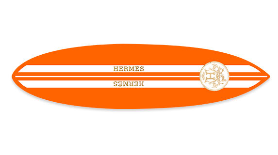 Orange acrylic surfboard with a french fashion brand logo